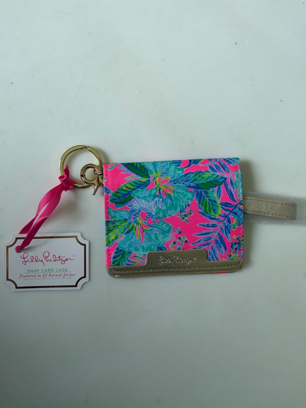 Lilly Pulitzer Hot Pink Tropical Floral Snap Card Case with Gold Accent